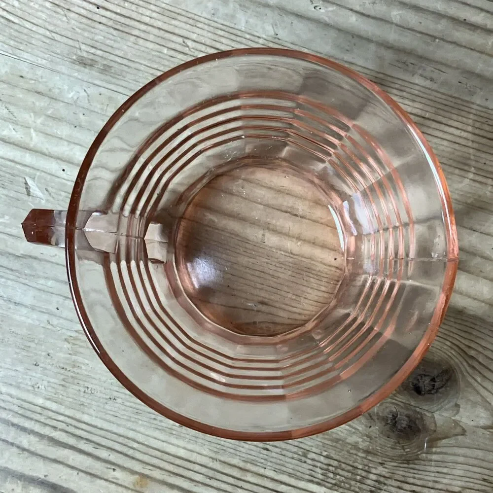Vintage Pink Rings Depression Glass Cup Mugs Set Of 4 Art Deco Optic Design